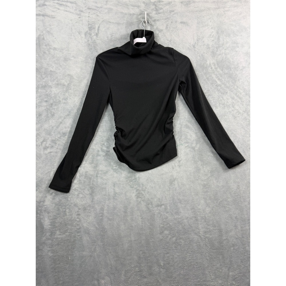 SHEIN Womens M Black Turtleneck Top Side Ruched Ribbed Long Sleeve Office Siren